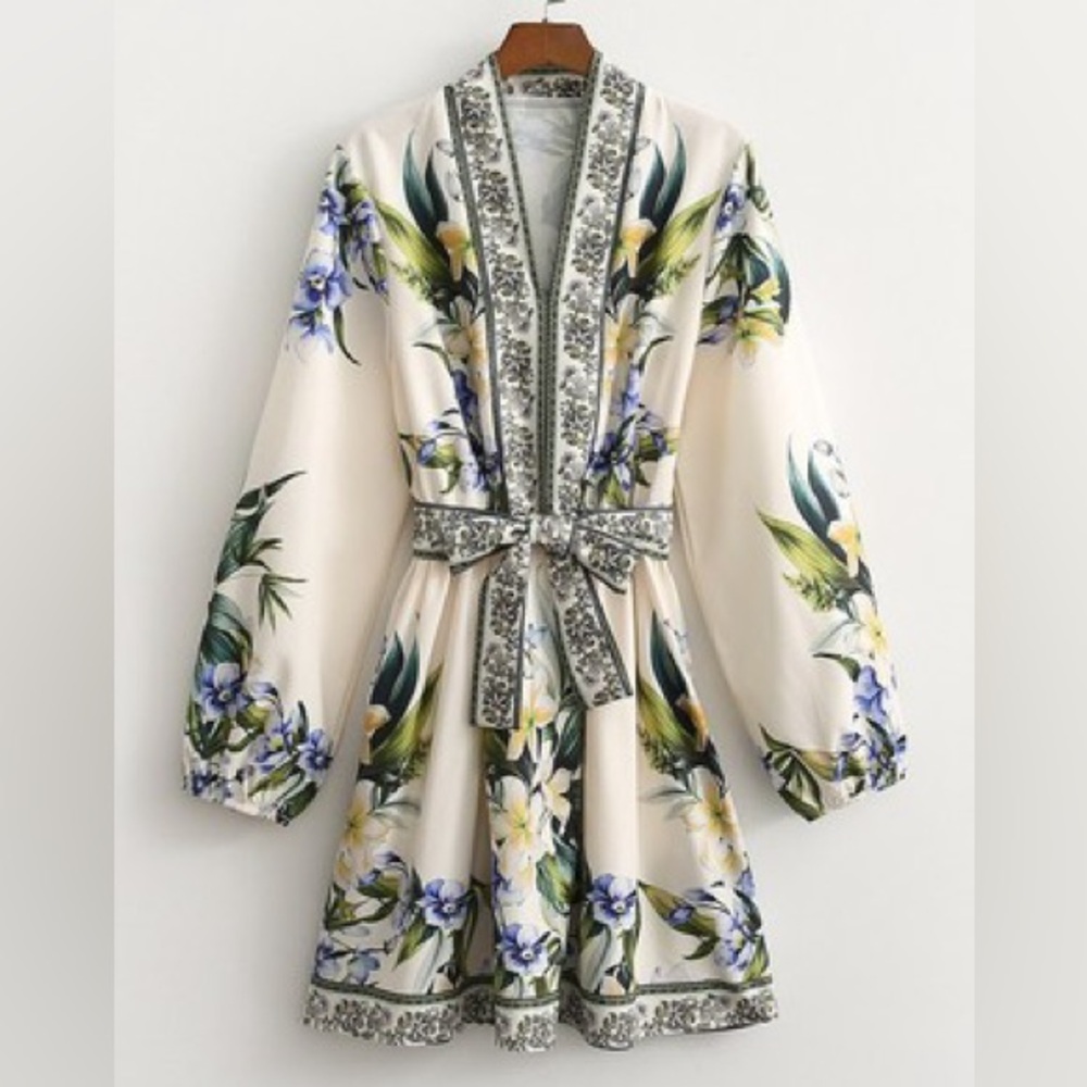 Floral Print Long Sleeve V Neck Belted Mini Dress